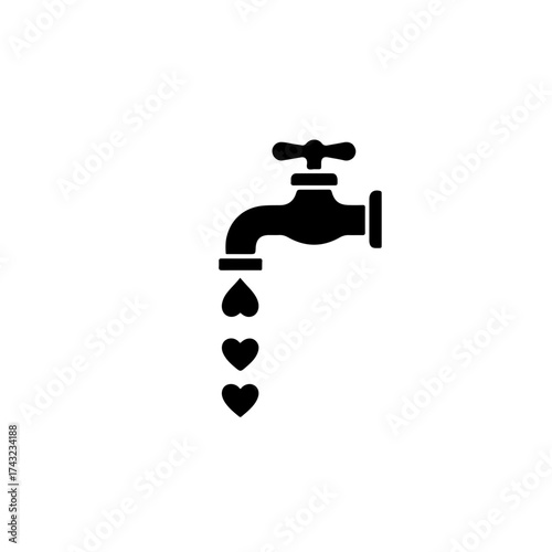 "Save Water, Save Life" Heart Drop Icon. A striking black and white vector graphic featuring a dripping water faucet (tap) where the falling drop is perfectly shaped as a heart