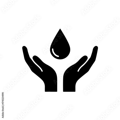 Cupped Hands Catching Water Drop Icon. A powerful black and white vector symbol representing water conservation, resource protection, and the vital necessity of clean drinking water