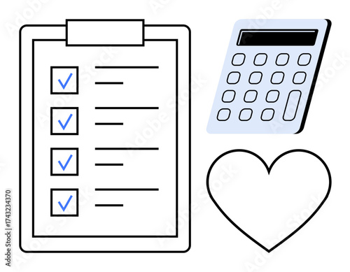 Checklist with blue tick marks, digital calculator, and heart outline symbolizing organization, planning, efficiency, productivity, balance, well-being. Ideal for goal setting budgeting evaluation