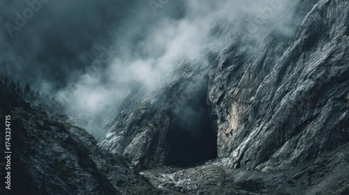 Mountain cave entrance misty landscape