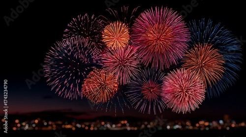 Spectacular vibrant fireworks illuminate the night sky over a blurred cityscape creating a festive