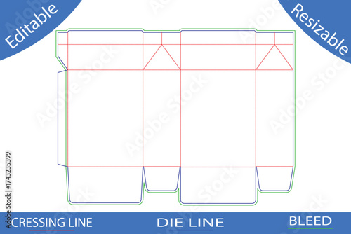 Rectangular box template die cut with fold lines and bleed