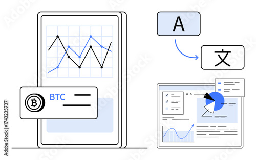 Mobile screen with cryptocurrency chart and translation interface next to a desktop screen showing analytics. Ideal for finance, technology, analytics, cryptocurrency, language services, software