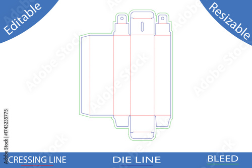 Tall rectangular box template die cut with fold lines and bleed