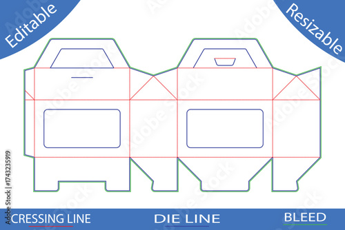 Two compartment packaging box die cut template with handles