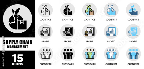 SUPPLY CHAIN MANAGEMENT icon set with various styles and colors of corporate sustainability performance for investment screening	

