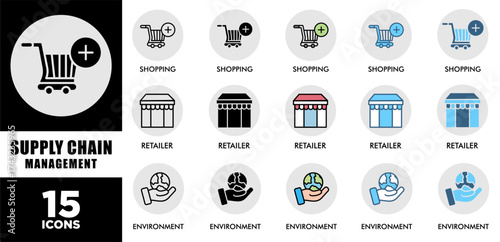 SUPPLY CHAIN MANAGEMENT icon set with various styles and colors of corporate sustainability performance for investment screening	
