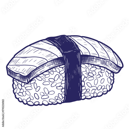Artistic vintage sketch of salmon nigiri sushi food with detailed hand drawn style
