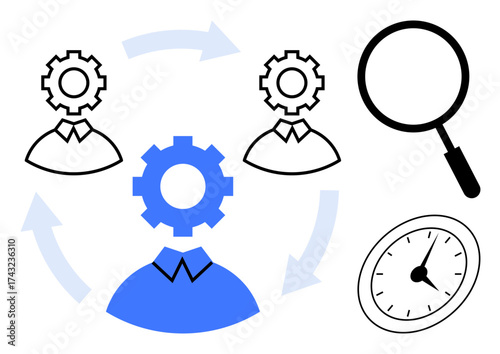 Gear-headed figures connected by arrows with a clock and magnifying glass nearby. Ideal for teamwork, workflow, efficiency, time management, collaboration, process optimization, innovation. Simple