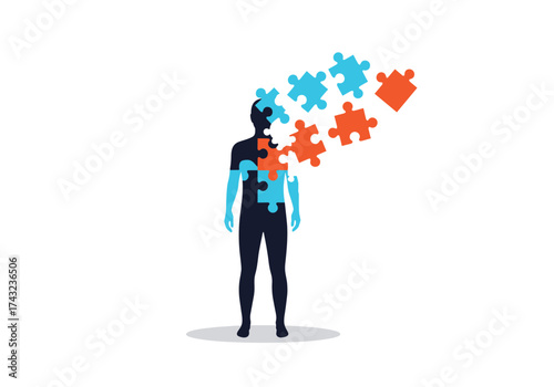 Abstract representation of human mind assembling puzzle pieces of thoughts and ideas.