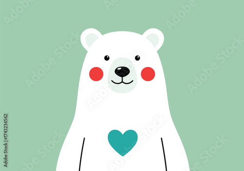 A cute white bear with red cheeks and a blue heart on its chest smiles gently against a soft green background.