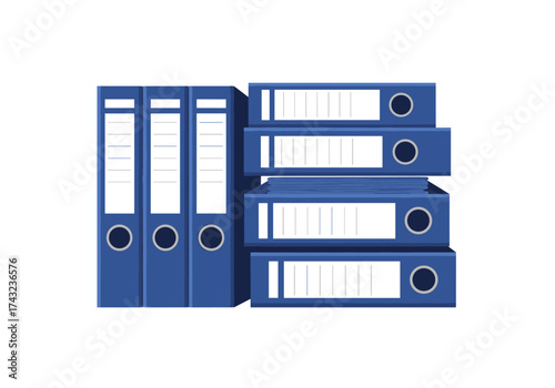 A stack of blue ring binders organized for office document management.