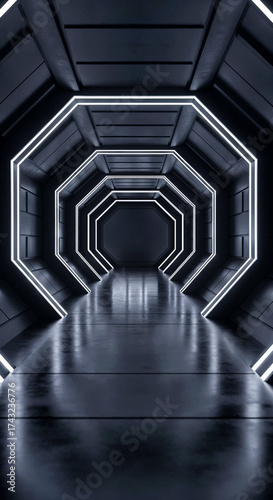 Empty Starship Corridor with Neon Strip Lighting – One-Point Perspective Futuristic Sci-Fi Interior
