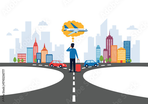 A person stands at a fork in the road with luggage contemplating travel options and a cityscape background.