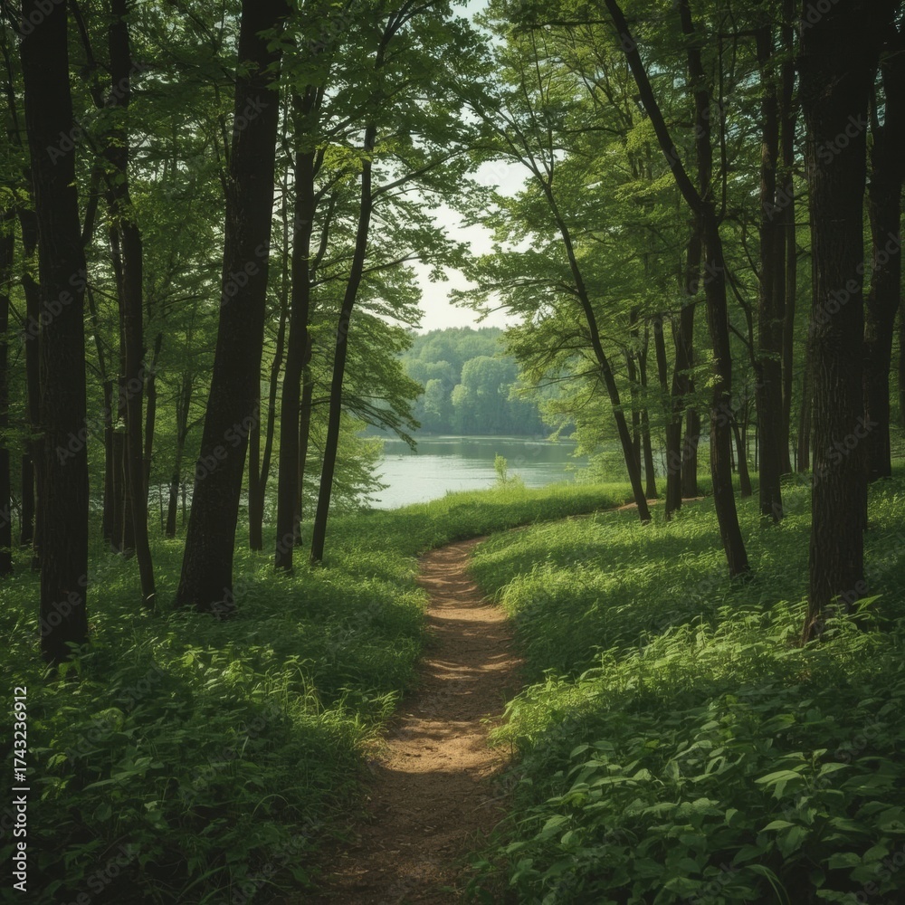 Obraz premium A serene forest path leading to a tranquil lake on a sunny day