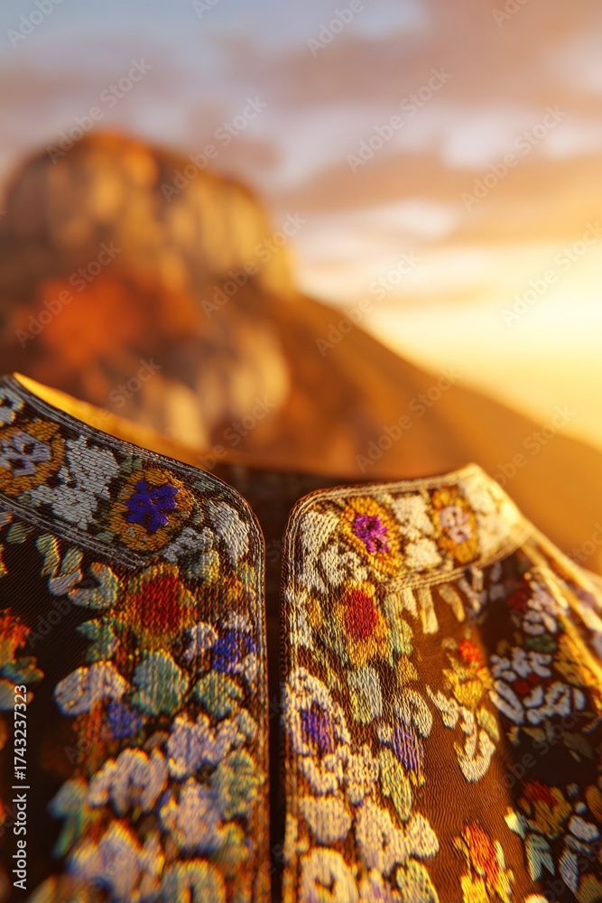 Fototapeta premium huipil. Embroidered huipil collar with floral patterns, highlighting Guatemalan textile artistry. event programs, museum guides, designed for cultural heritage projects and event programs. 