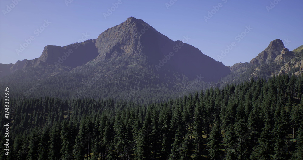 Fototapeta premium A towering mountain stands tall above a dense expanse of evergreen trees under a bright blue sky. The landscape showcases natural beauty and tranquility in a pristine environment.