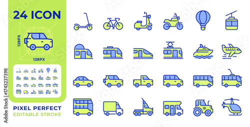 Vehicles pixel perfect line color icons set. Machines designed to transport people and cargoes. Riding, delivery service. Vector illustrations. Simple flat colorful symbols collection. Editable stroke