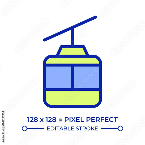 Cable car pixel perfect line color icon. Riding gondola lift. Access to scenic viewpoints on mountains and attractions. Isolated vector illustration. Flat colorful symbol design. Editable stroke