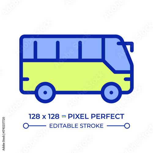 Bus pixel perfect line color icon. Intercity coach. Airport shuttle vehicle. School transportation. Public transfer. Isolated vector illustration. Flat colorful symbol design. Editable stroke