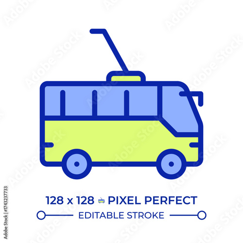 Trolleybus pixel perfect line color icon. Urban electric vehicle. Passenger transporting service. Eco friendly machine. Isolated vector illustration. Flat colorful symbol design. Editable stroke