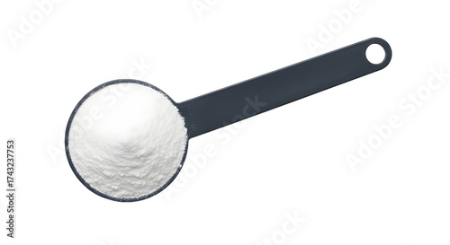 Top view of protein powder in a dark plastic measuring spoon for fitness supplements isolated PNG with Transparent Background