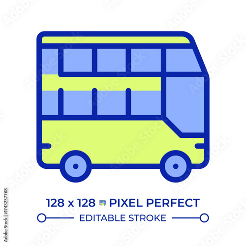Double decker bus pixel perfect line color icon. Two level vehicle designed to carry more passengers. Transportation. Isolated vector illustration. Flat colorful symbol design. Editable stroke