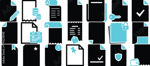 Hand made Set of document and file icons featuring business and finance symbols in a minimalist flat design perfect for web and app interfaces Vector
