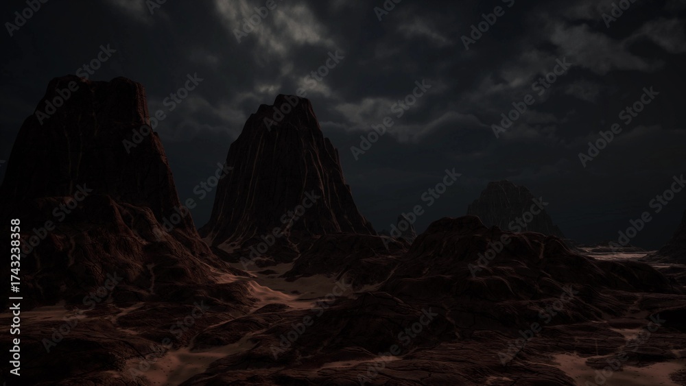Fototapeta premium Mysterious mountains rise sharply against a darkened sky filled with swirling clouds. Eerie shadows stretch across rugged terrain, evoking a sense of adventure and solitude in the night.