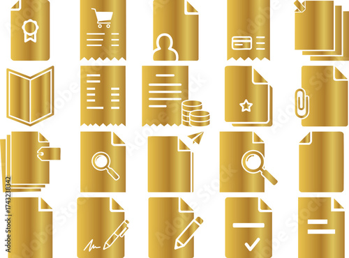 Hand made Golden document icon set vector illustration of various file types perfect for business and finance related web design Vector