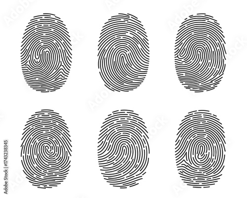 Black and white fingerprint vector icons representing identity verification, authentication, digital privacy, cybersecurity, and access control