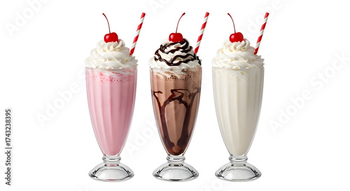 Retro chocolate, vanilla, and strawberry milkshakes served in tall glasses for dessert menus. isolated PNG with Transparent Background