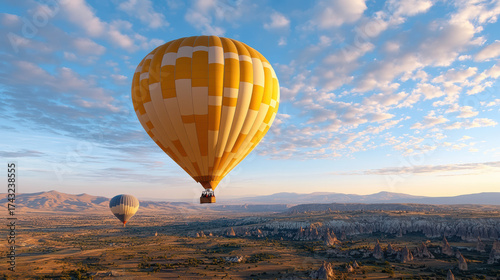 Hot air balloons soar above stunning landscape sunrise, showcasing vibrant colors and unique