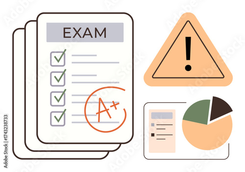 Exam paper with checklist and A grade, orange warning sign, and chart with analytics. Ideal for education, achievement, caution, analysis, grading, assessment and success in a simple flat metaphor