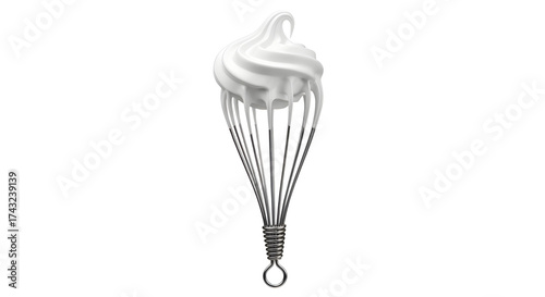 Stainless steel whisk utensil covered in fluffy white whipped cream or meringue for baking preparation isolated PNG with Transparent Background