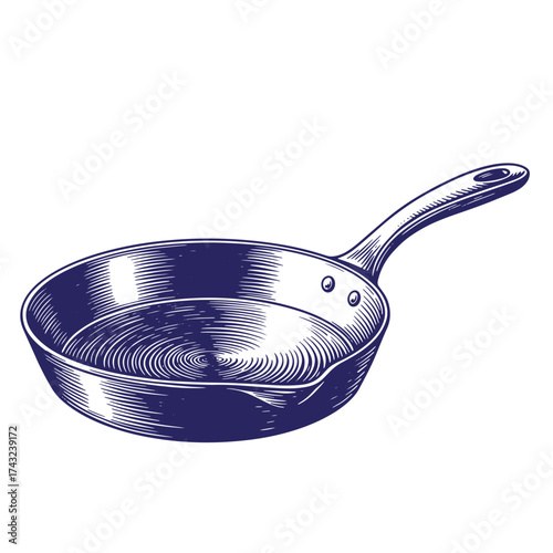 Detailed vintage engraved illustration of a frying pan depicting culinary and cooking concepts