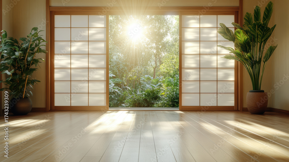 Naklejka premium Bright sunlight streams through Japanese shoji doors, illuminating serene interior with plants