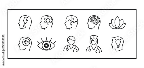 Mental health web icons in line style. Depression, psychotherapy, psychology, bipolar, negative thoughts, obsession, collection. Vector illustration