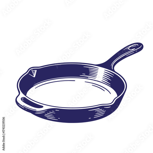 Detailed vintage hand drawn illustration of a cast iron skillet for cooking and culinary uses