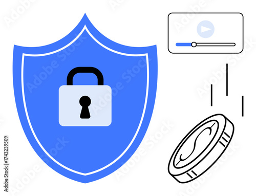 Blue shield with padlock, video control bar, and coin indicate digital security, media access, online payment safety, and copyright. Ideal for cybersecurity, finance, privacy media rights
