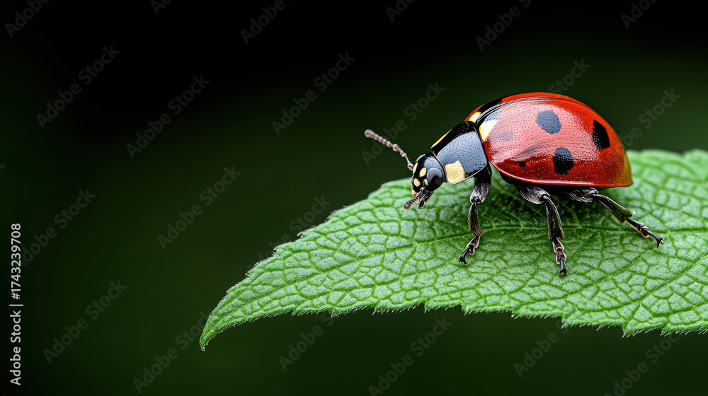 Fototapeta premium Close up of ladybug on green leaf, showcasing vibrant colors and intricate details