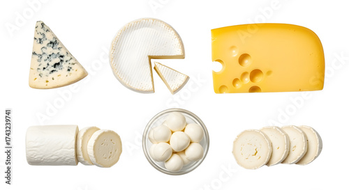Assortment of gourmet cheese varieties including blue, Swiss, brie, and mozzarella, isolated studio shot isolated PNG with Transparent Background