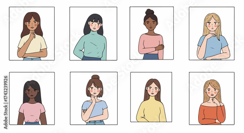 Diverse women portraits thoughtful expressions casual wear
