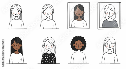 Diverse women faces in simple line art style