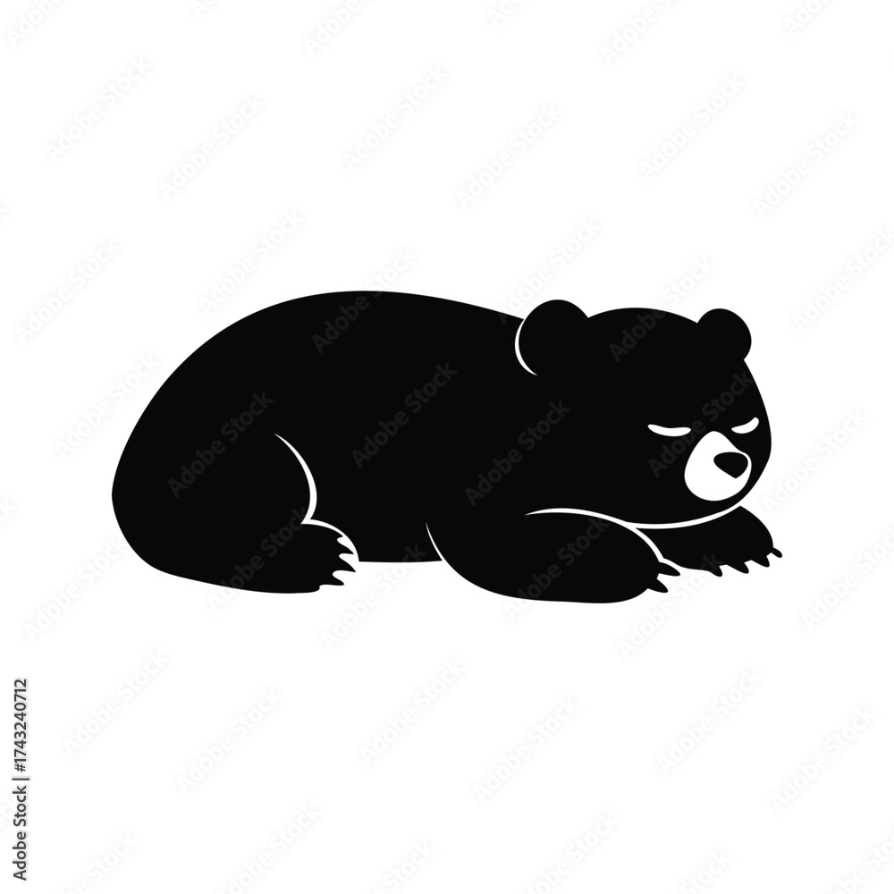 Fototapeta premium Simple minimalist illustration of a black bear resting on a white background, cartoon bear sleeping silhouette vector illustration