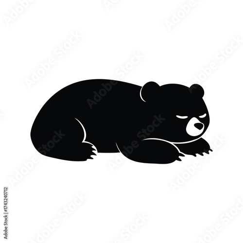 Simple minimalist illustration of a black bear resting on a white background, cartoon bear sleeping silhouette vector illustration