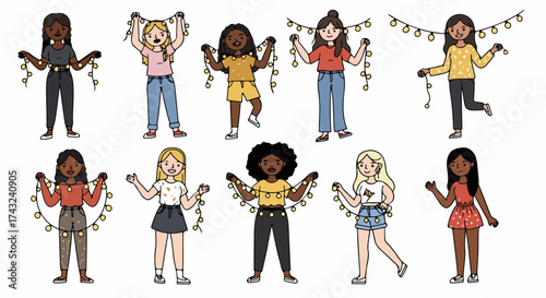 Diverse women decorating with string lights
