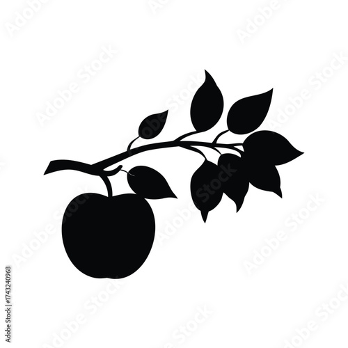 Black silhouette of apple fruit on a branch with leaves, illustration, apple tree branch silhouette vector illustration