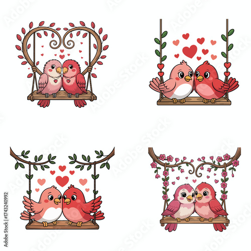 Cute birds on swings with hearts love