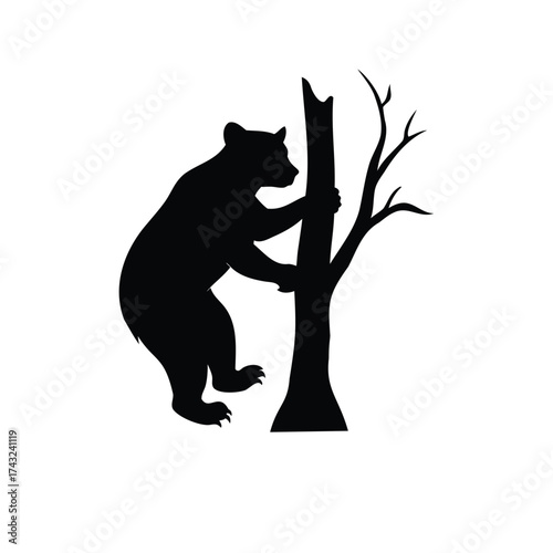 Black bear climbing a tree, silhouette image, nature and wildlife art, bear climbing tree silhouette vector illustration